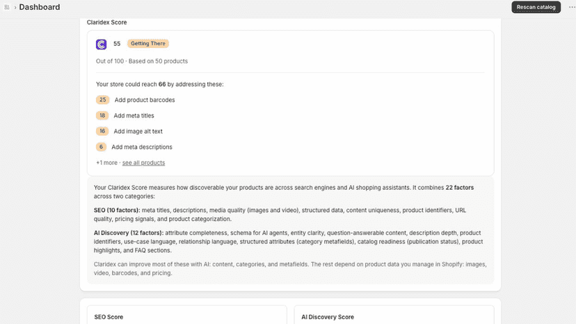 Claridex dashboard with the store Claridex Score
