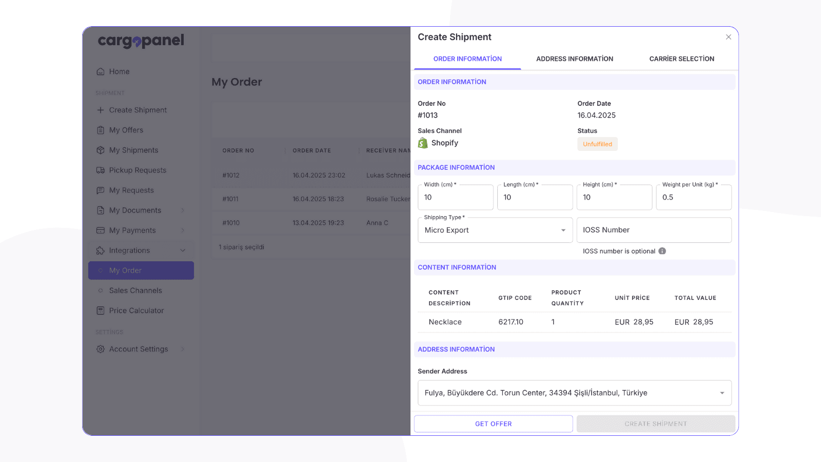 Fill in order, package and product details to ship.