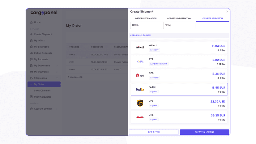 Select a shipping carrier and create shipment.