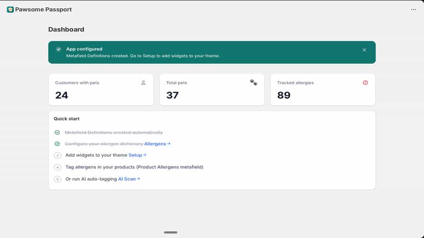 Merchant dashboard: pets, allergies & quick start