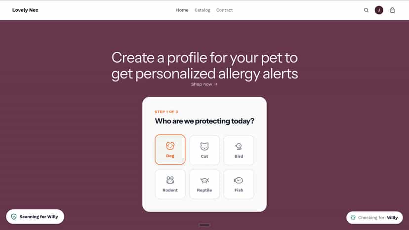 Pet allergy setup wizard on your store's landing page