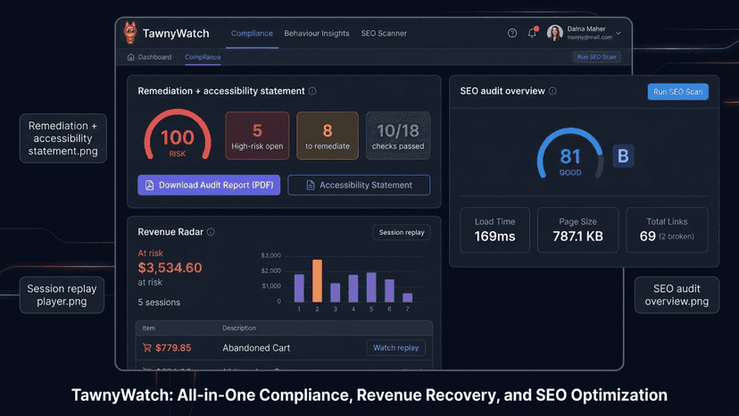 TawnyWatch dashboards: accessibility, SEO, and session replays