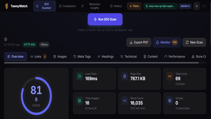 SEO audit overview: score with issues, warnings, and passing