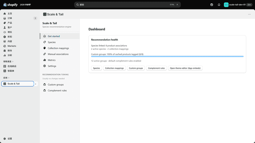Admin dashboard showing recommendation health and setup progress