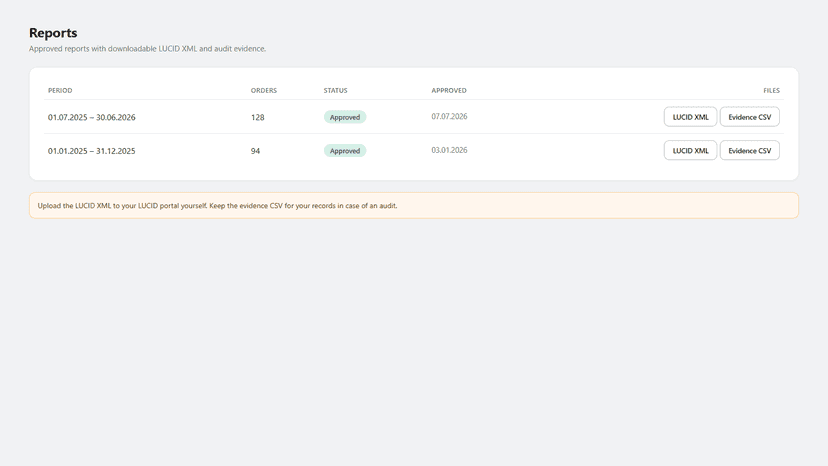 Reports history with LUCID XML and evidence CSV downloads