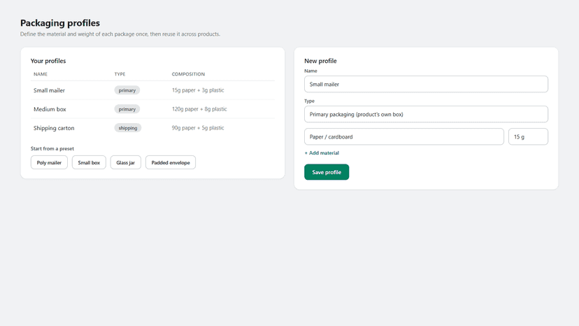 Packaging profiles with presets and a custom profile form