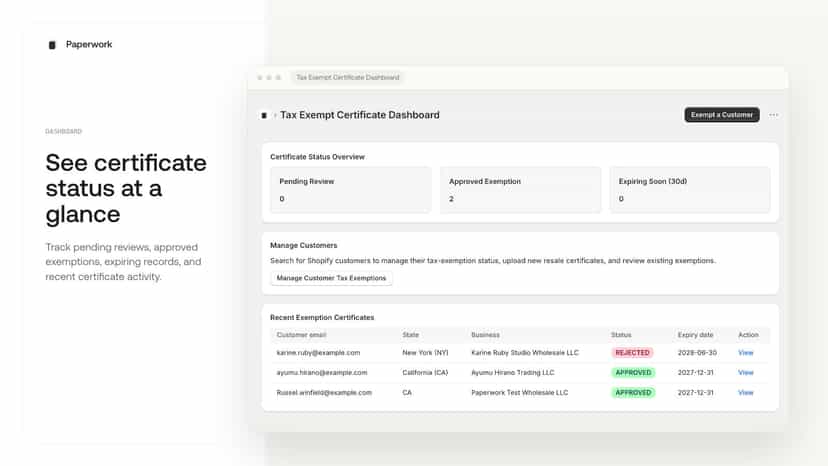 Dashboard for tax certificate status review