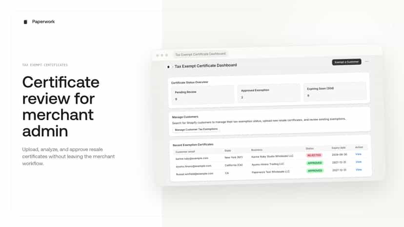 Tax exemption certificate review in Shopify Admin
