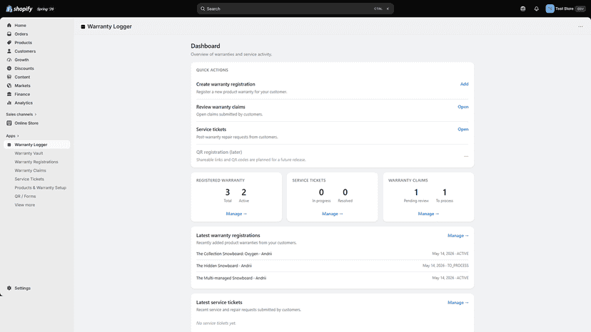 Dashboard overview of warranties, claims, and service tickets
