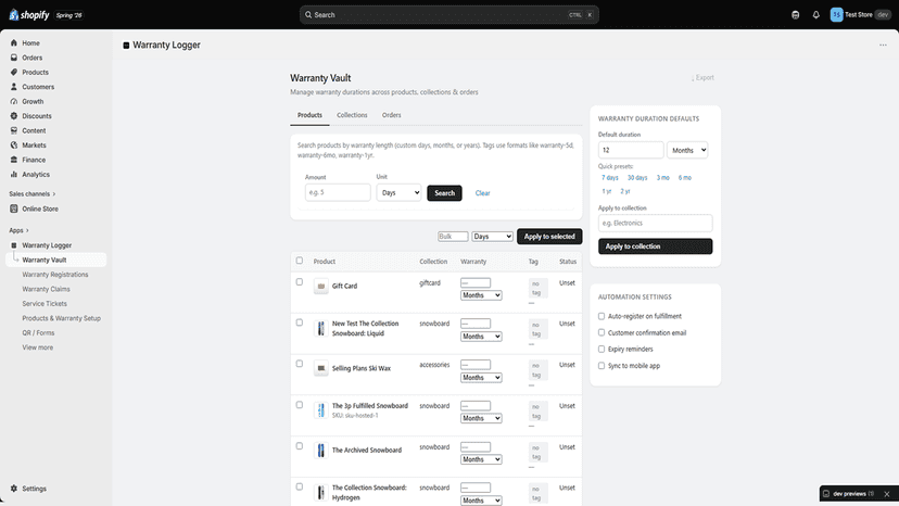 Set warranty durations for products, collections, and orders