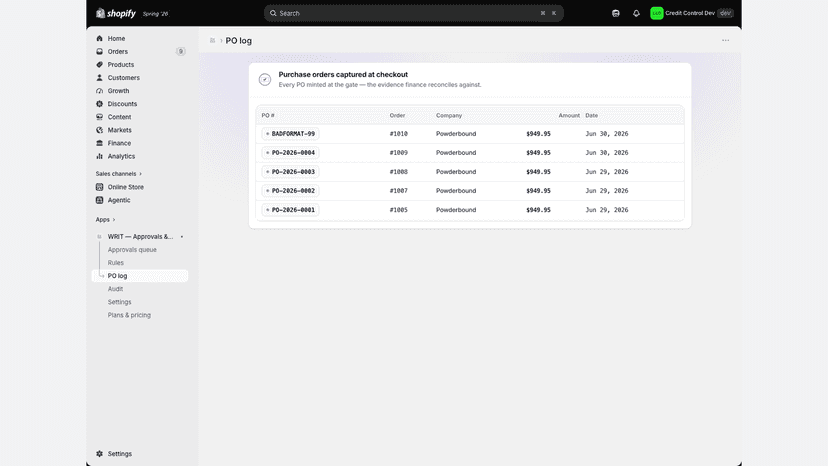 PO log: purchase orders captured at checkout by company