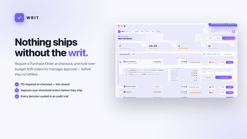 WRIT: require a PO and hold over-budget B2B orders for approval