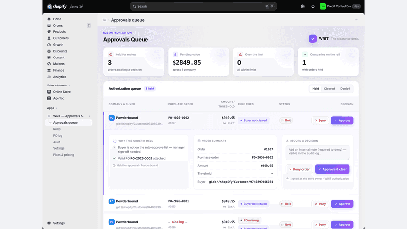 Approvals queue: held B2B orders awaiting manager sign-off