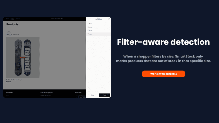 SmartStock sold-out overlay on collection page with size filter