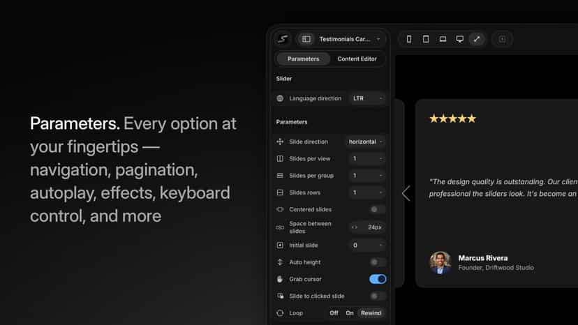 Parameter panel for navigation, pagination, and effects