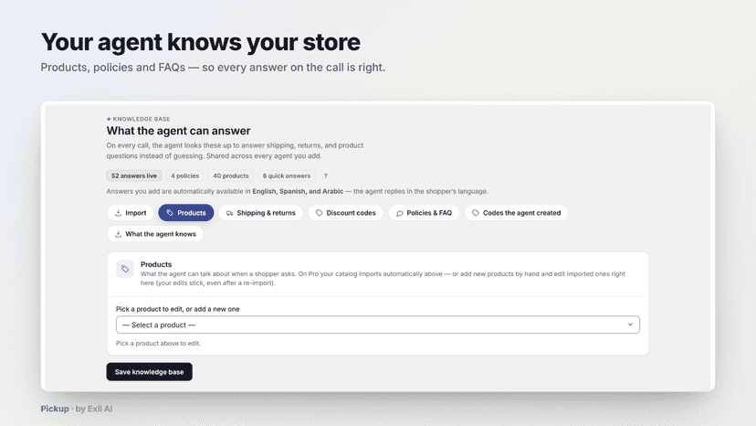 Knowledge base of products, policies and FAQs for the agent
