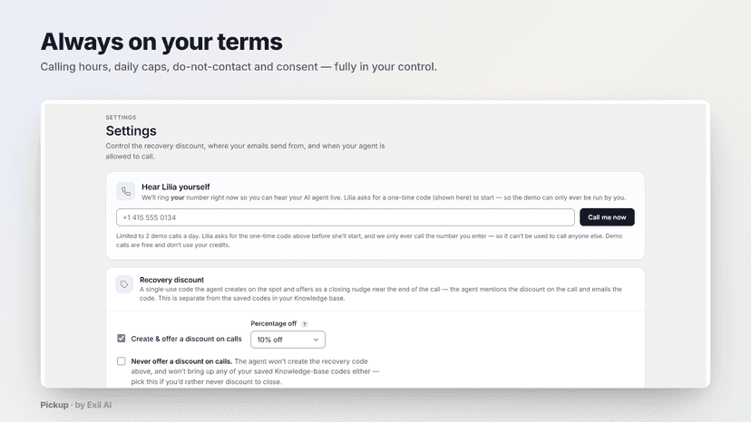Calling hours, caps, do-not-contact and consent controls