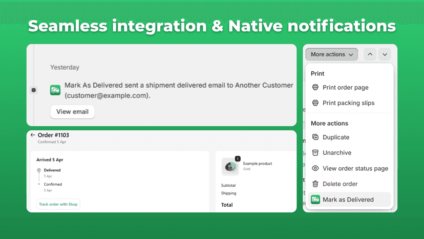Action, order page and delivery status page screenshots