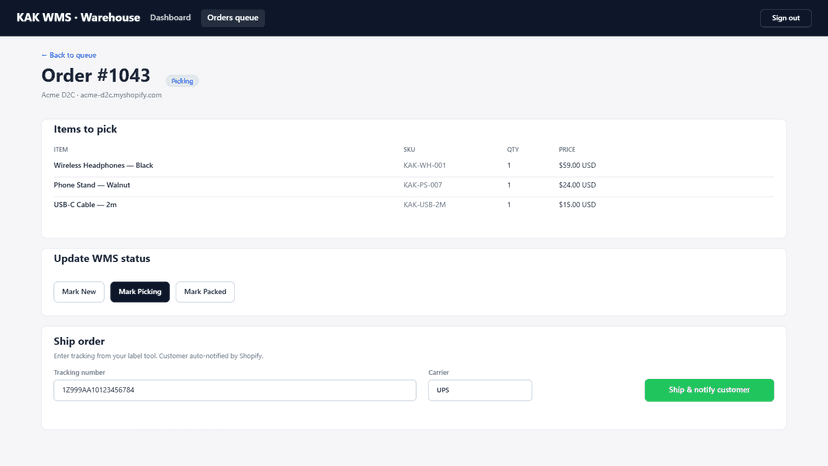 KAK WMS order detail with pick, pack, ship actions