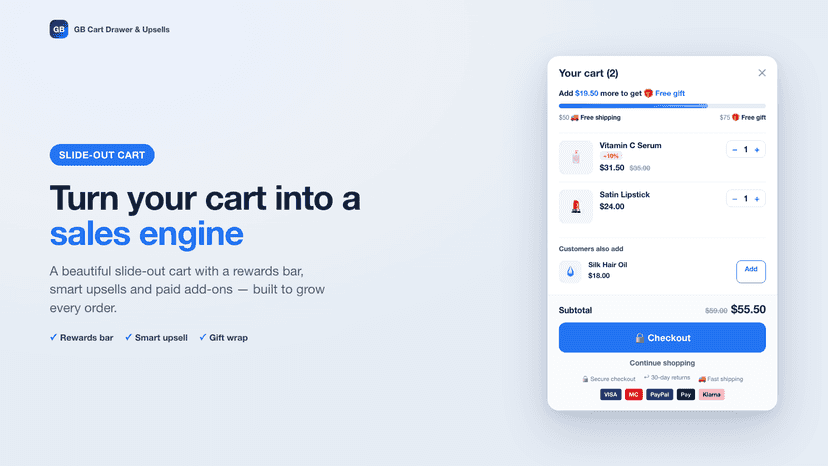 GB Cart Drawer slide-out cart with rewards bar and upsells
