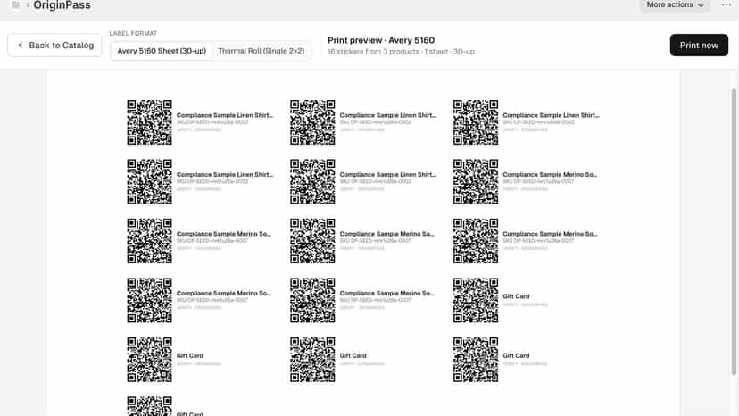 Print labels page view