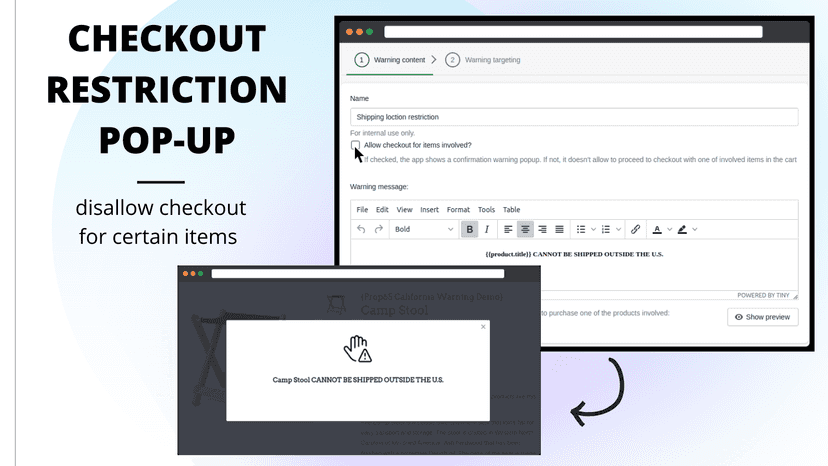 Checkout restriction pop-up disallow checkout for certain items