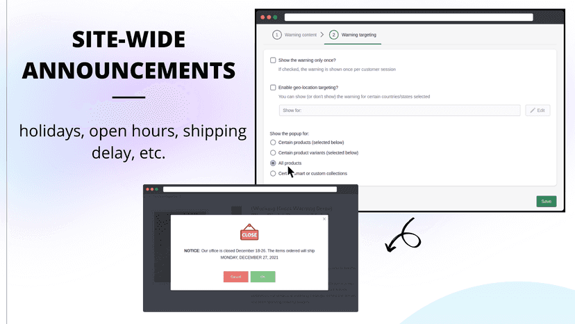 Site-wide announcements holidays open hours shipping delay