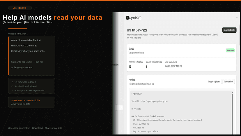 llms.txt generator showing indexed products and AI-readable cata