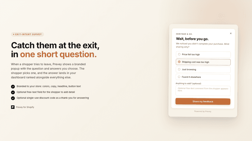 Exit-intent survey popup with three reason options