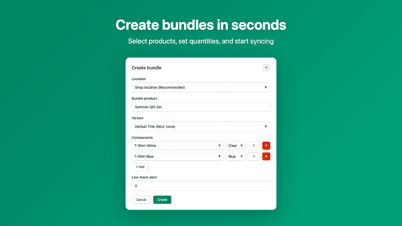 BundleSync create bundle modal with product and component fields