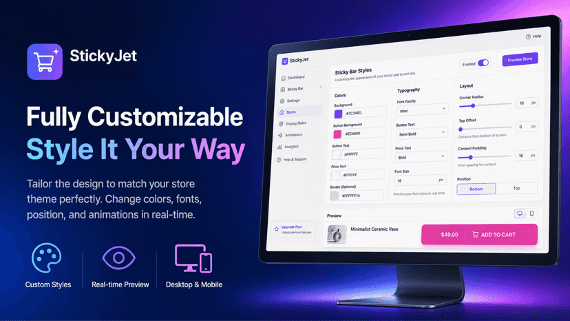 StickyJet styling dashboard with live customization options.