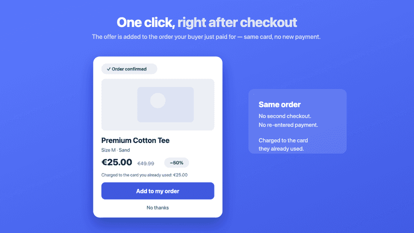Post-purchase page: a one-click offer. No second checkout.