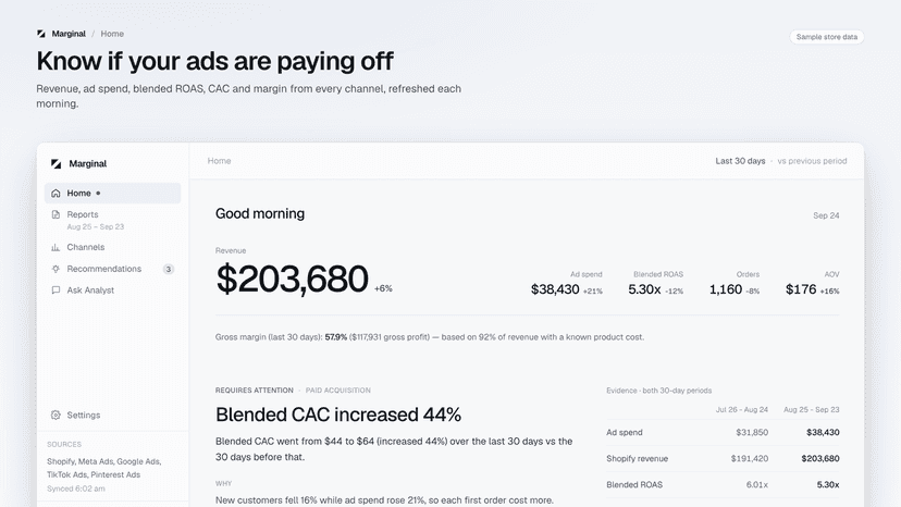 Home with revenue, ad spend, blended ROAS, CAC and top change