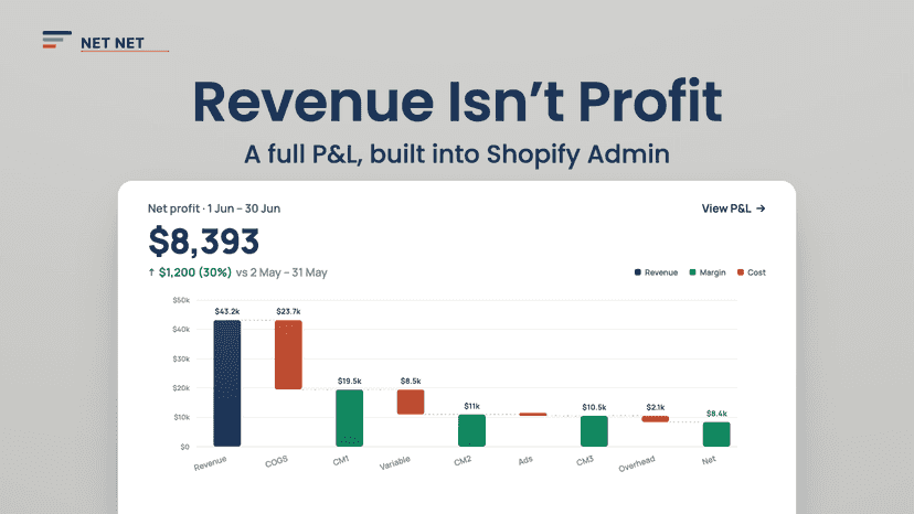NetNet net profit dashboard: revenue down to real net, in P&L
