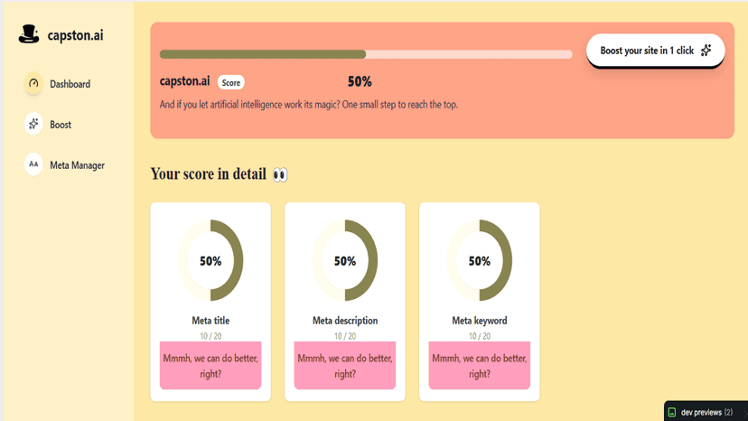 Dashboard overview with quick SEO health scores and alerts.