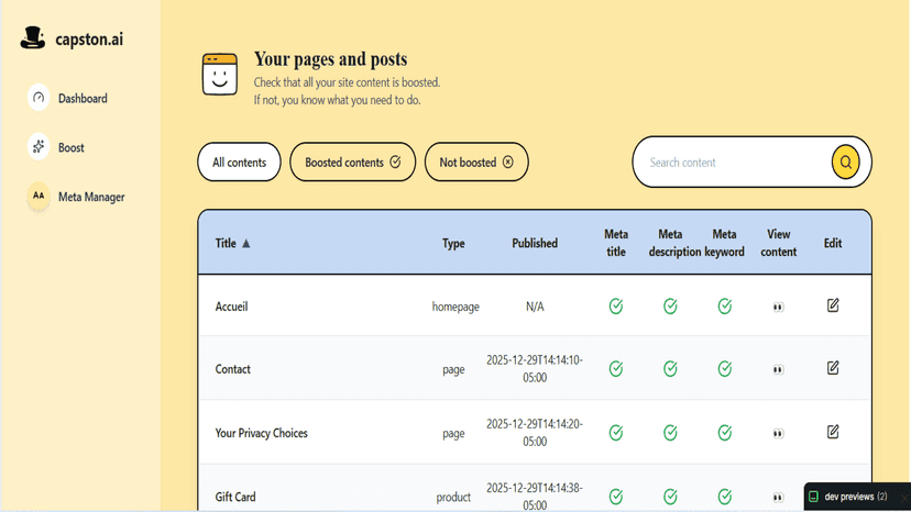 Detailed meta analysis view with granular scoring.