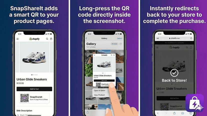 Solution: Smart QR codes in screenshots link back to the store.