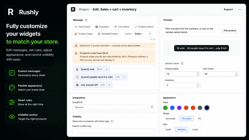 Rushly widget builder UI with multiple counts selected