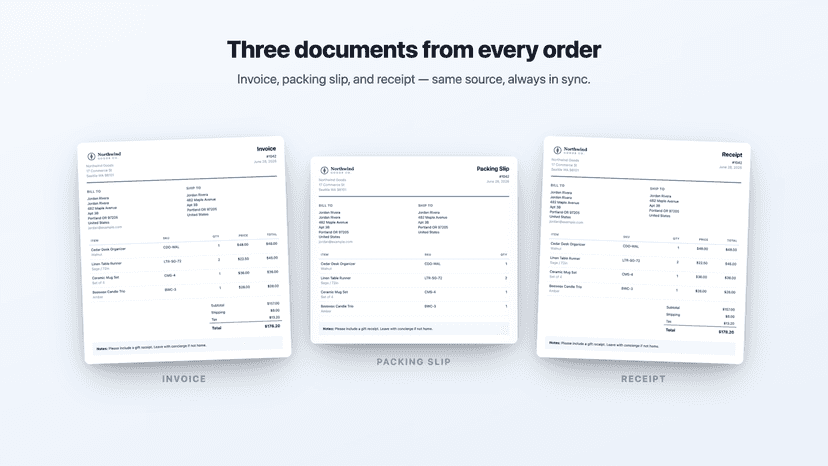 Invoice, packing slip and receipt from one Shopify order