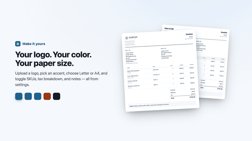 Custom logo, accent color and paper size on order PDFs