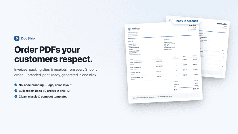 Branded Shopify invoice and packing slip PDFs in one click