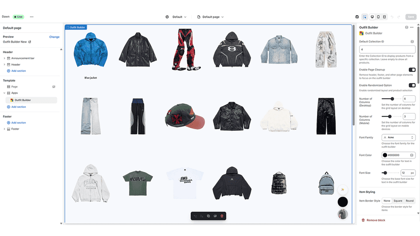 The original Outfit Builder grid layout, with menu and features