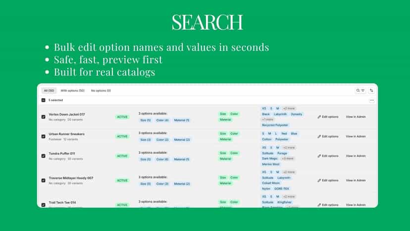 Product list with search, filters, and variant option display