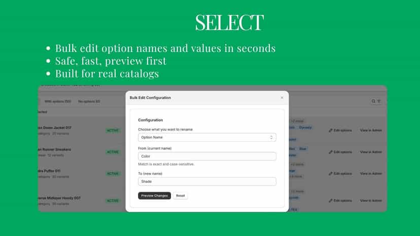 Preview modal showing affected products and variant counts