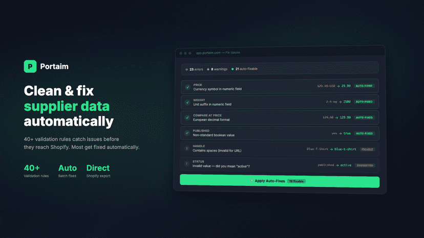 Portaim validates and auto-fixes supplier data before import