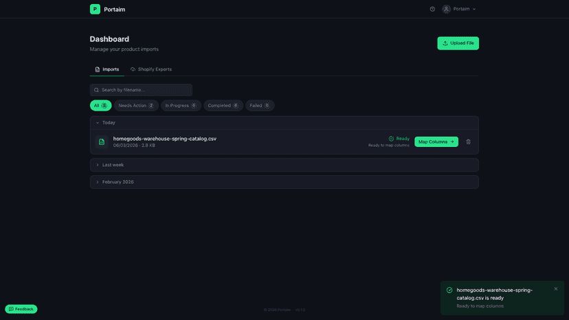 Dashboard showing import history with status filters