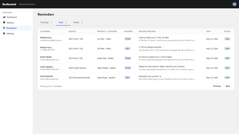 Reminders page showing sent and pending maintenance reminder his
