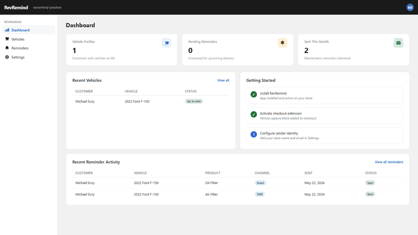 Customer vehicle profiles page with year make and model
