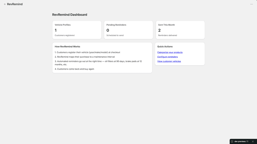 RevRemind app dashboard with vehicle profiles and reminder stats