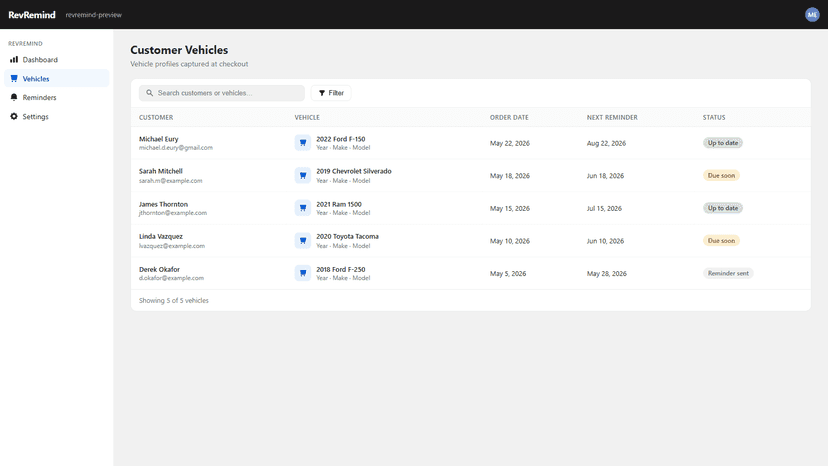 RevRemind dashboard showing vehicle profiles pending and sent re